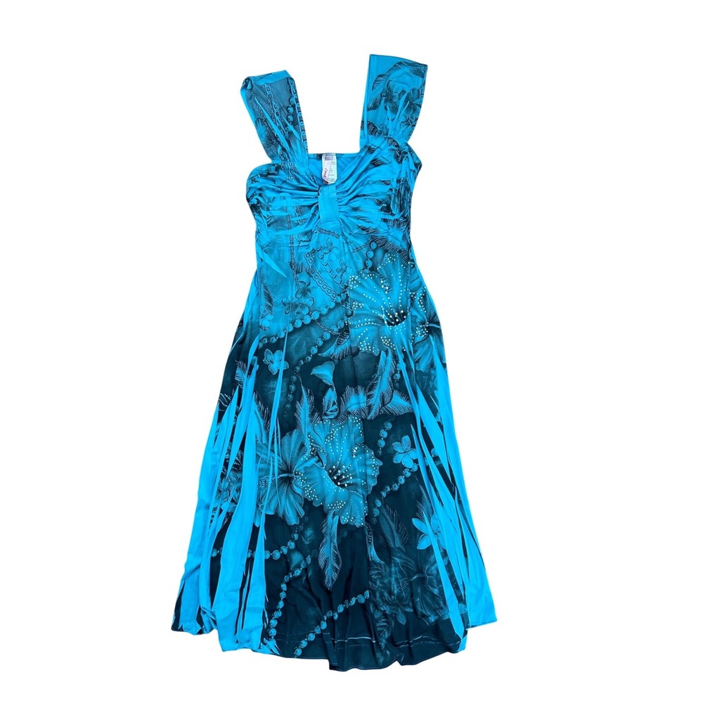 Vtg Turquoise Black Floral Handkerchief Hem Midi Dress S emo grunge‎ whimsigoth
